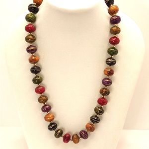 Vintage 80's Painted Wood Beaded Necklace Multi Colour Gold Tone
